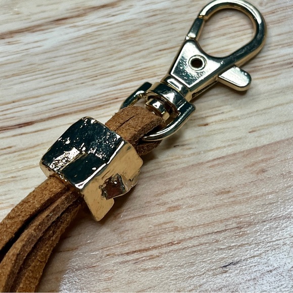 Brown Suede Faux Leather Tassel Gold Stone Beaded Keychain Boho NWOT - Picture 3 of 4